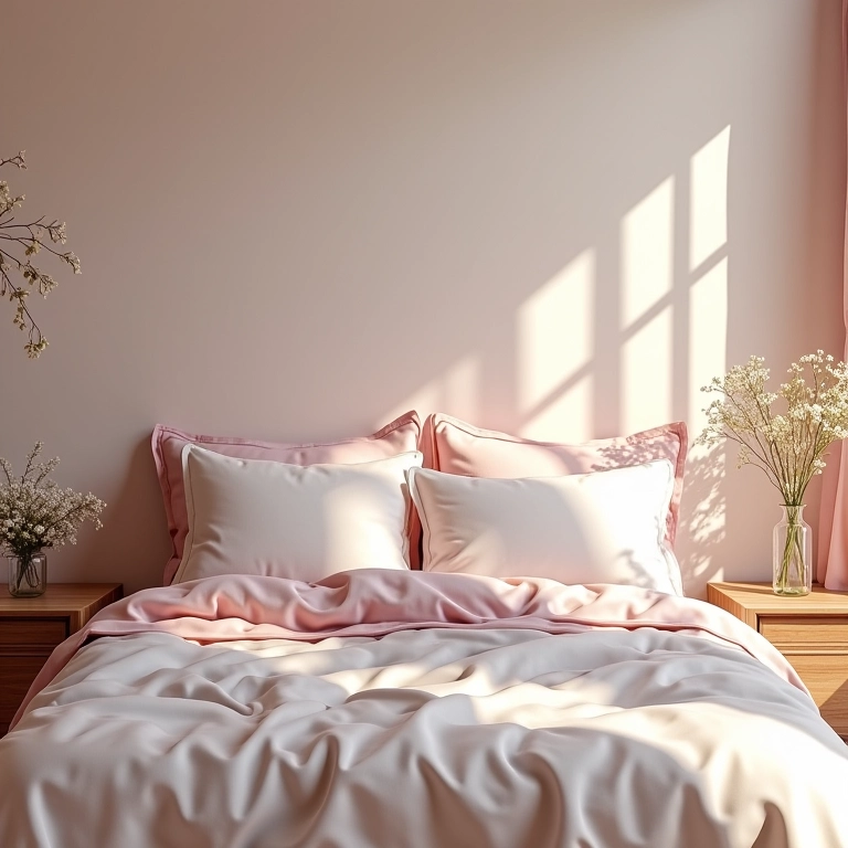 Quarto romântico com cabeceira de almofadas suspensas e tons pastel.