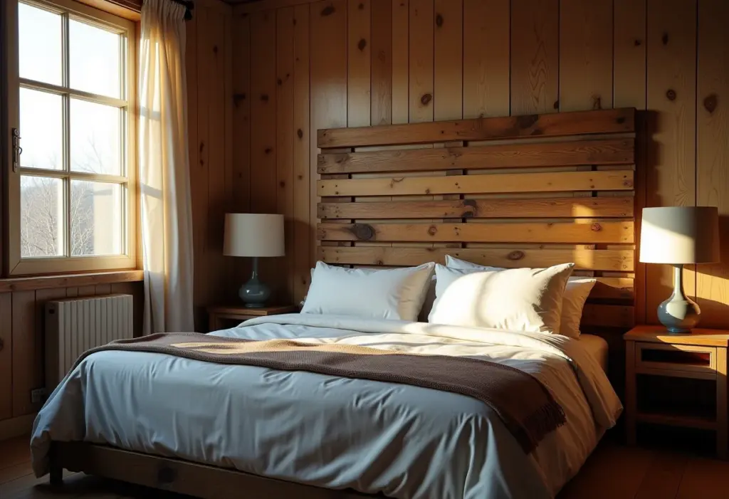 Quarto rústico com cabeceira de pallet iluminada