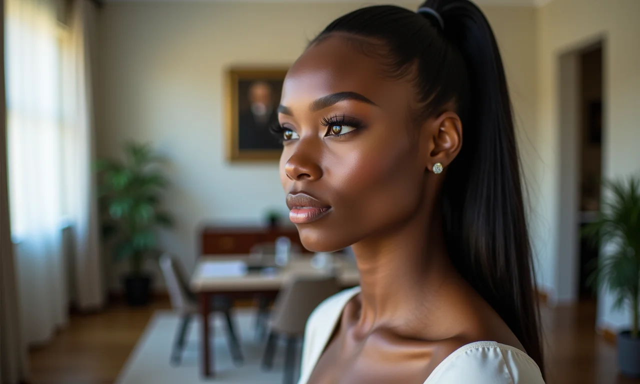 Rabo de cavalo baixo com risca lateral em cabelo liso: elegância e simplicidade.