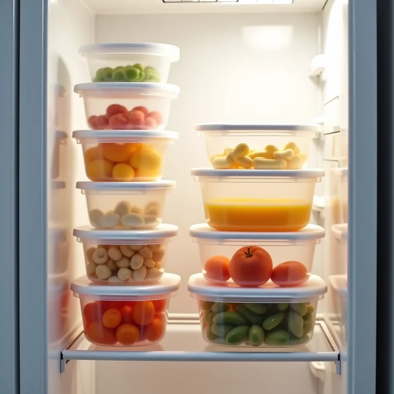 Recipientes empilháveis otimizando o espaço vertical na geladeira.