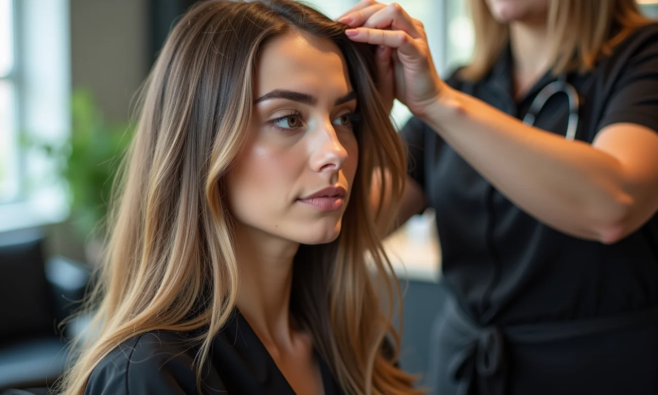 Reconstrução capilar em salão com foco na aplicação do produto.