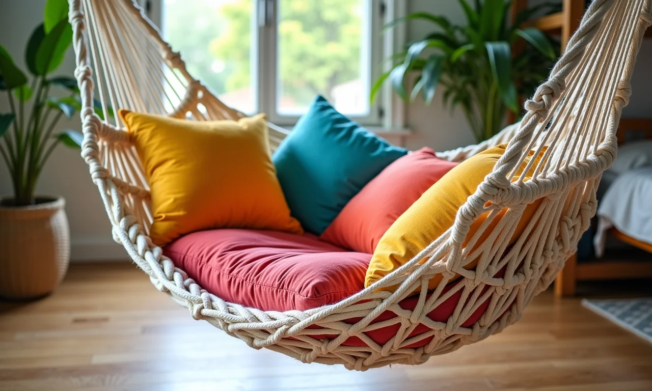Rede de macramê com almofadas coloridas.
