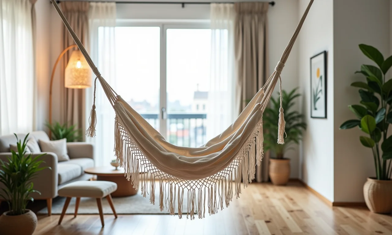 Rede de macramê suspensa em apartamento moderno.