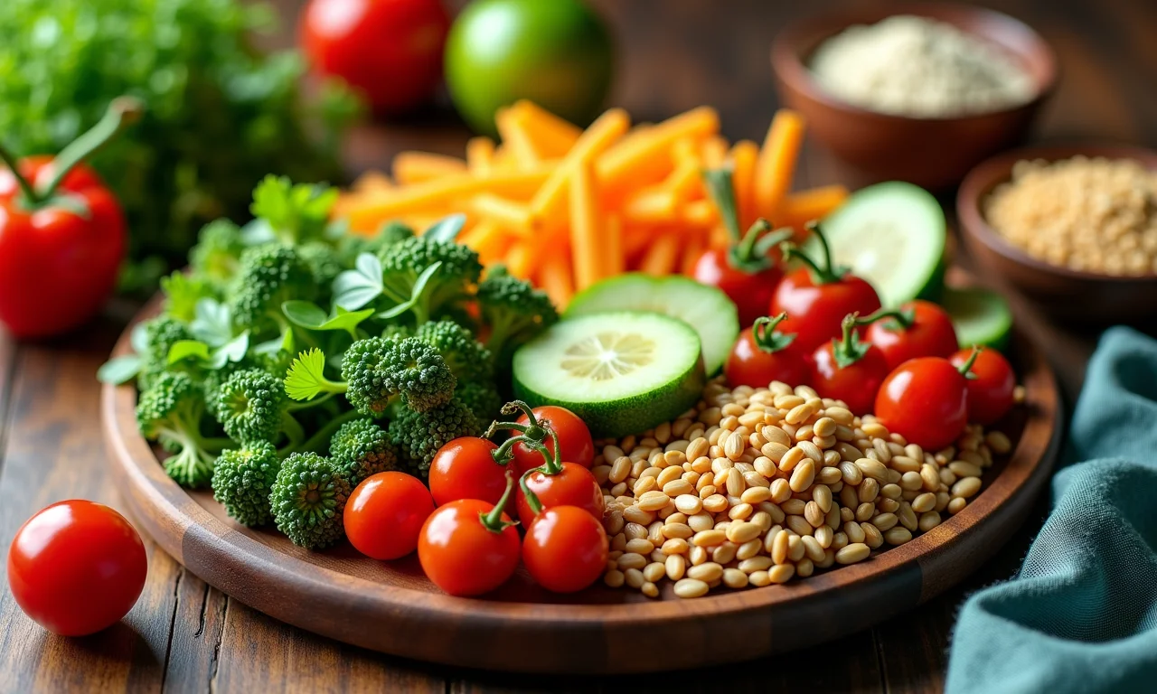 Refeição colorida e saudável com frutas, vegetais e grãos integrais.