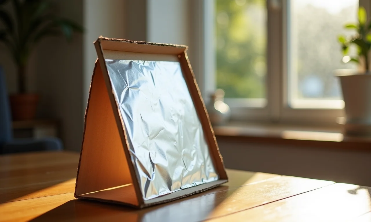 Refletor improvisado feito de papelão e papel alumínio próximo à janela.