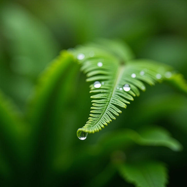 Rega de samambaia com foco nas gotas de água nas folhas.