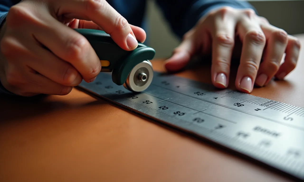 Régua de aço guiando cortador circular em couro.