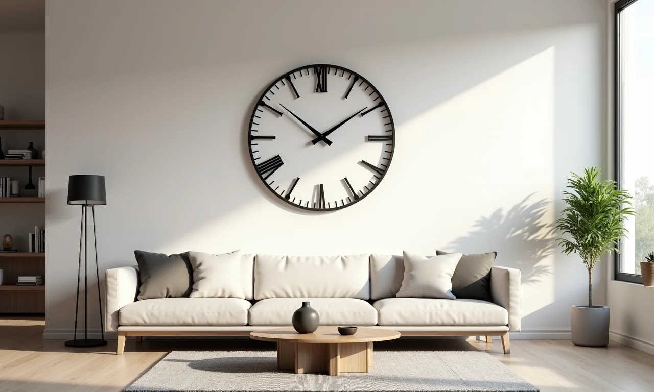 Relógio de parede decorativo como destaque em sala minimalista.