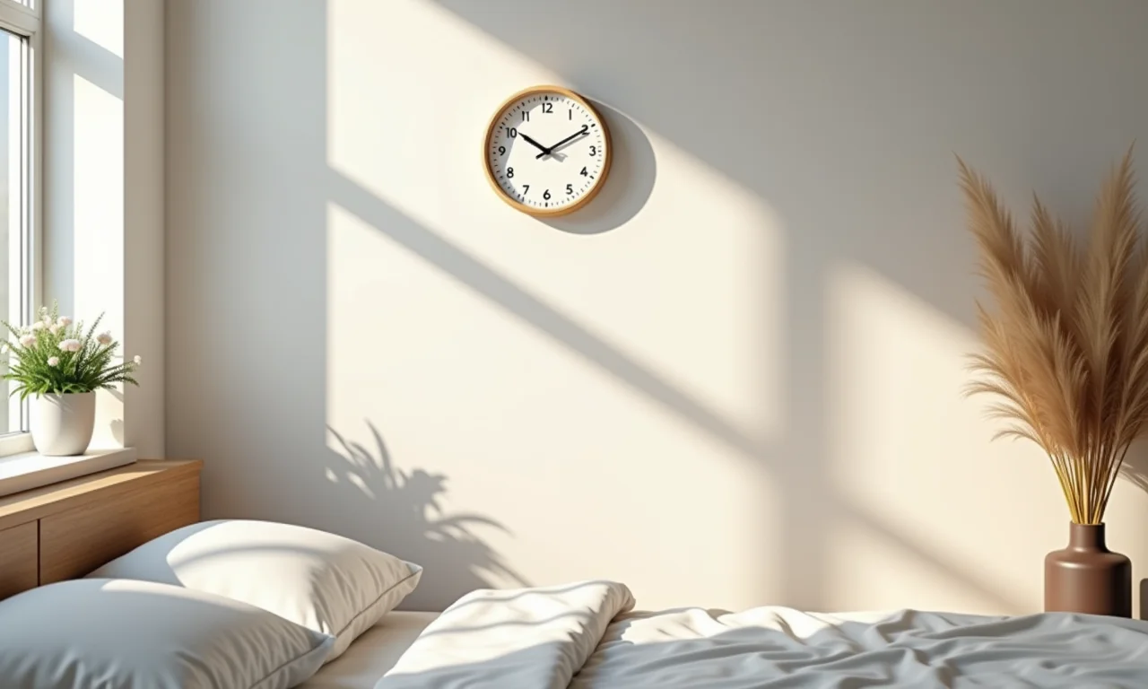 Relógio de parede discreto em quarto com decoração tranquila.