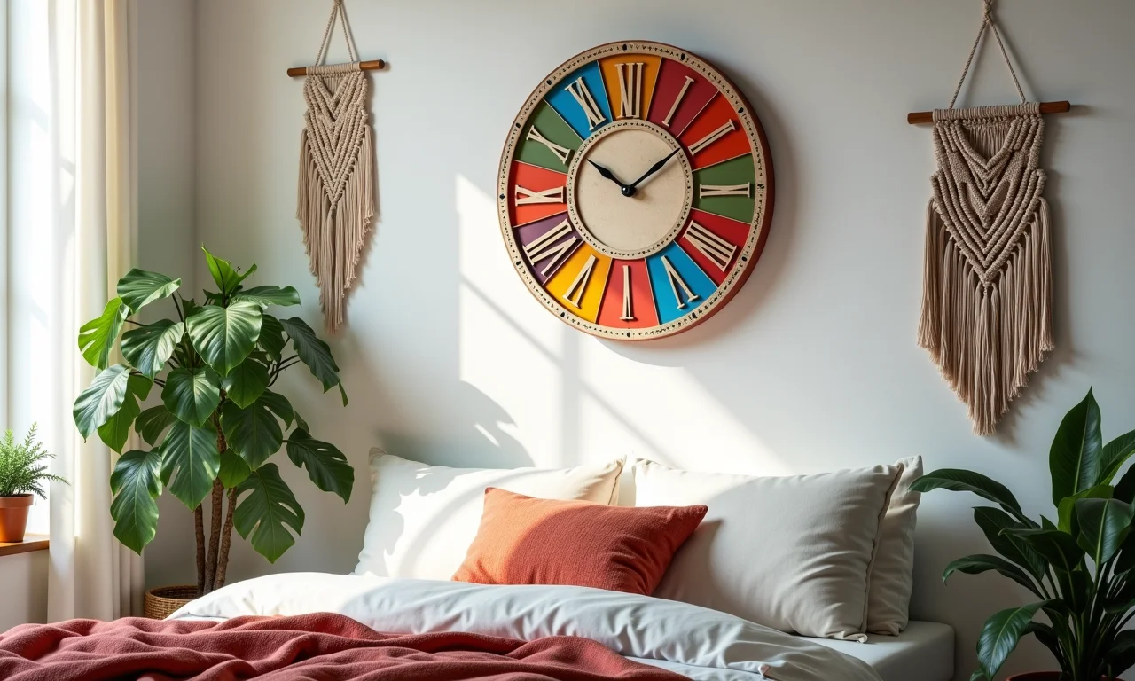 Relógio de parede em quarto boêmio com decoração eclética.