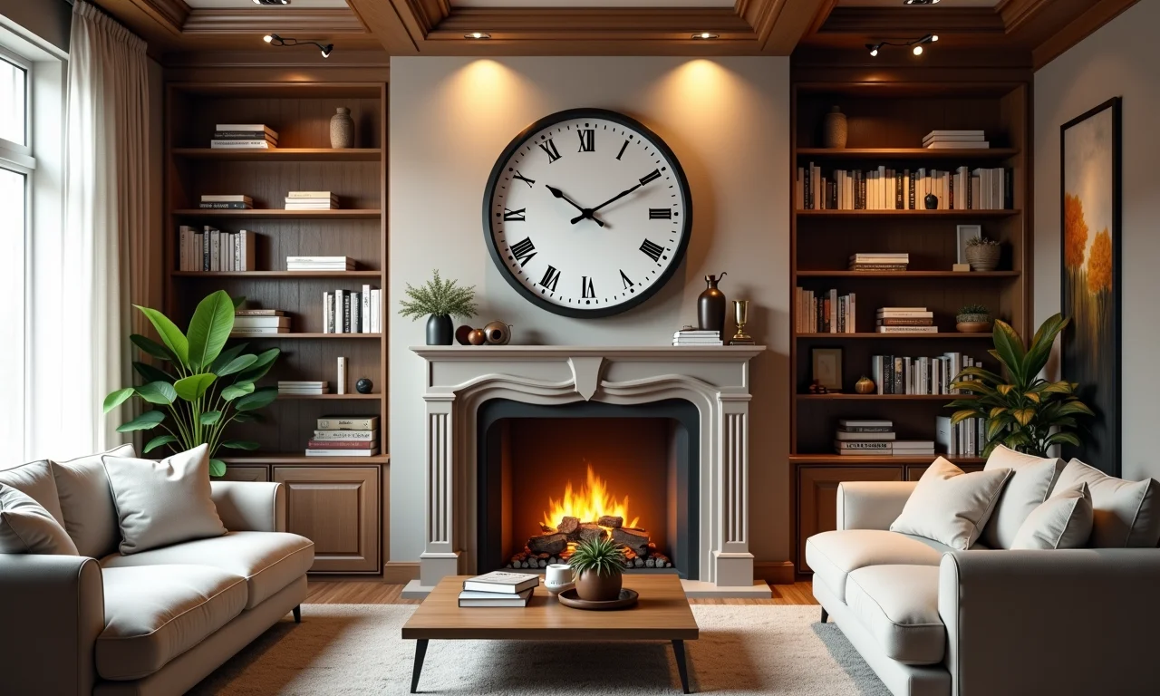 Relógio de parede em sala de estar aconchegante sobre a lareira.