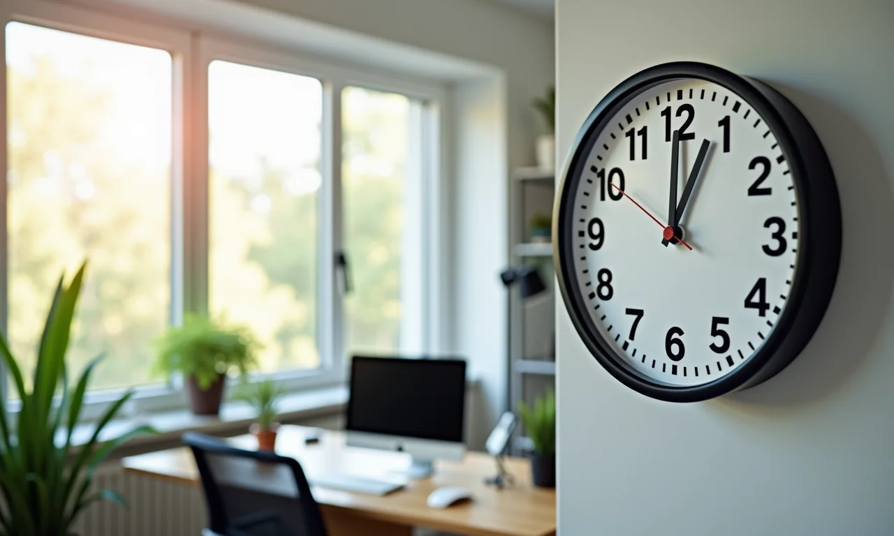 Relógio de parede funcional em escritório doméstico organizado.