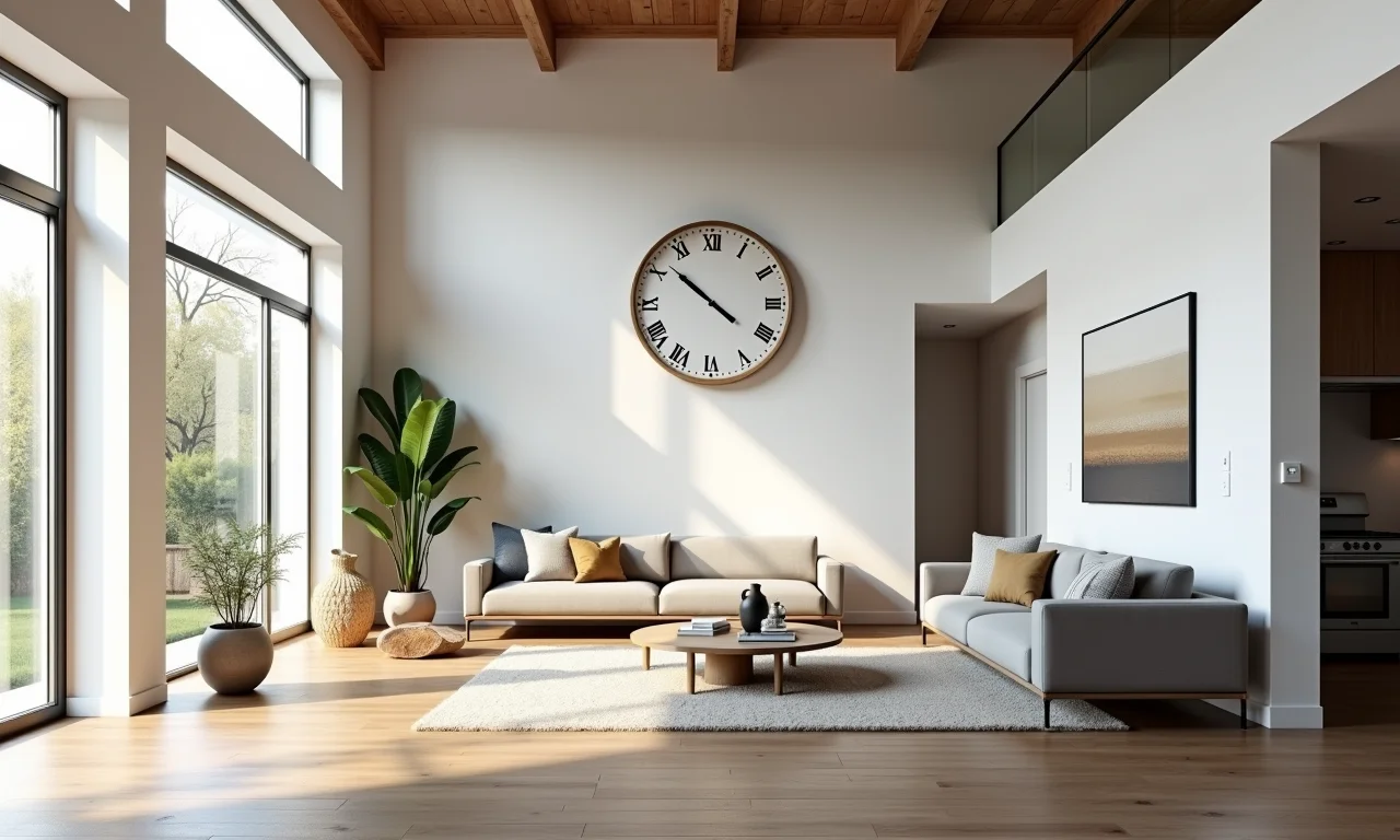 Relógio de parede grande em ambiente amplo e integrado.