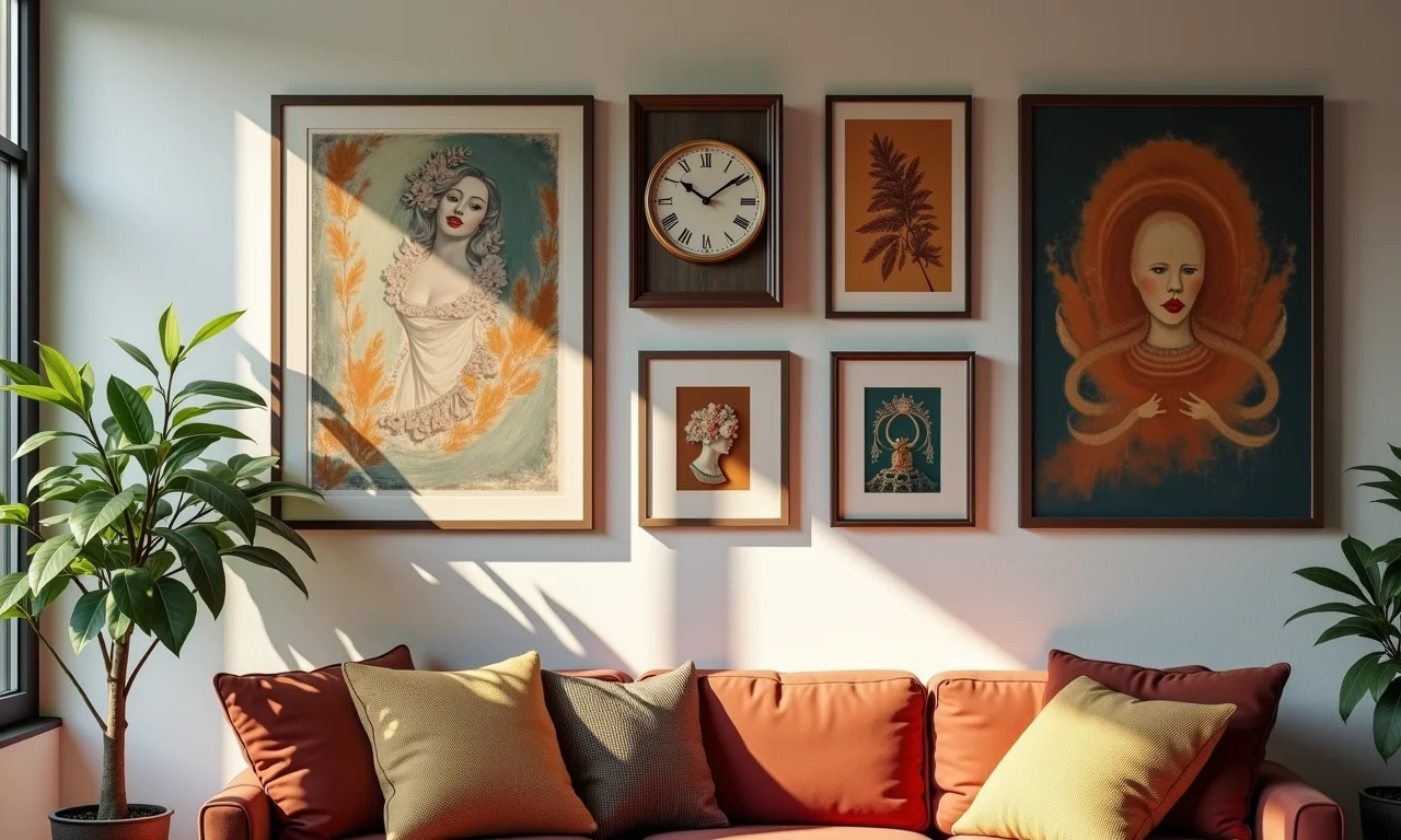 Relógio de parede integrado em parede de galeria com obras de arte.