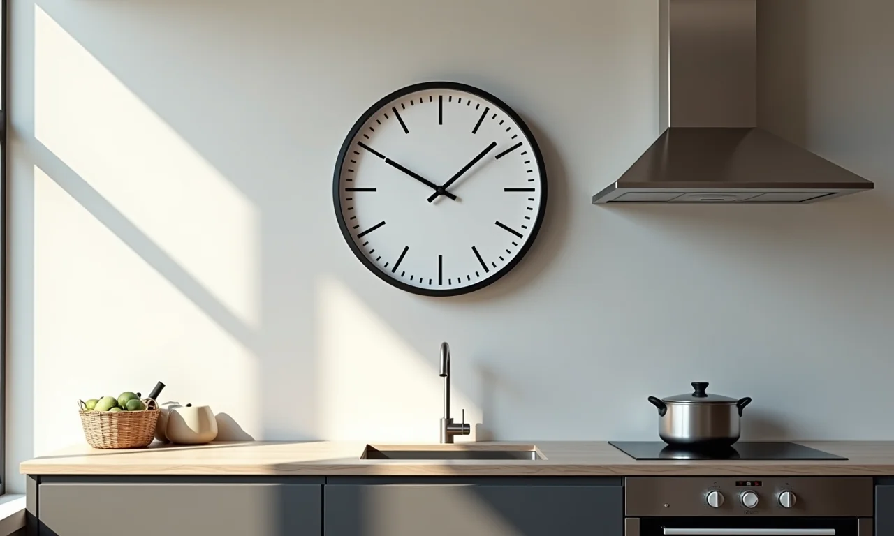 Relógio de parede moderno em cozinha com design minimalista.