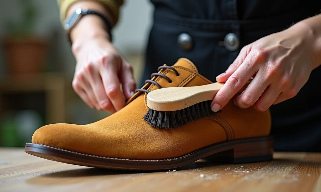 Removendo a sujeira solta de um sapato de camurça com uma escova macia.