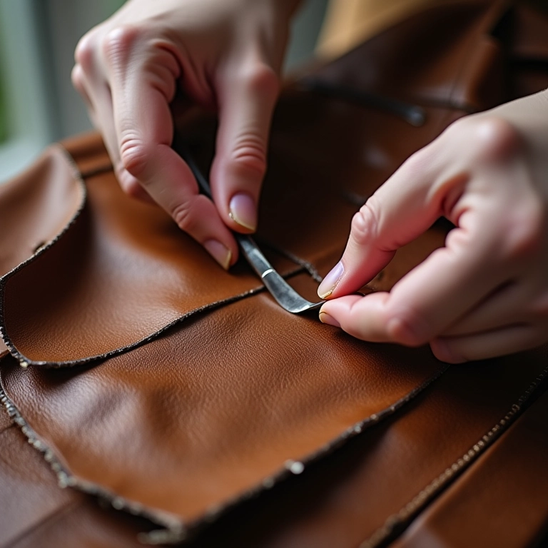 Reparando jaqueta de couro sintético com tinta.