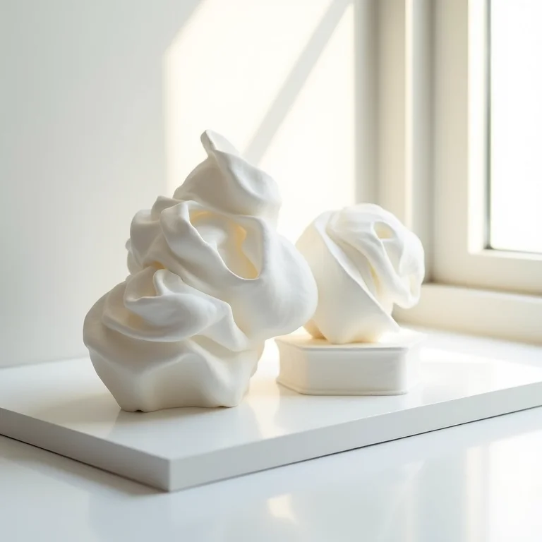 Retalhos de material impresso em 3D dispostos artisticamente para simbolizar a redução de desperdício.