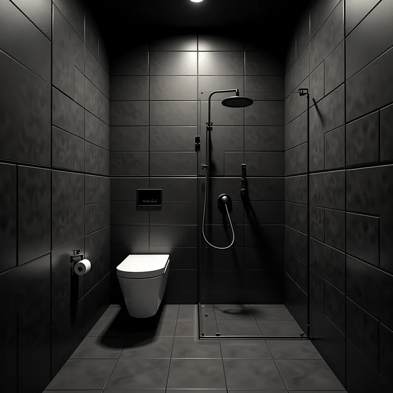 Revestimentos escuros em banheiro pequeno