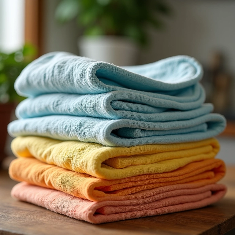 Rodízio de panos de prato limpos e dobrados em cozinha brasileira.