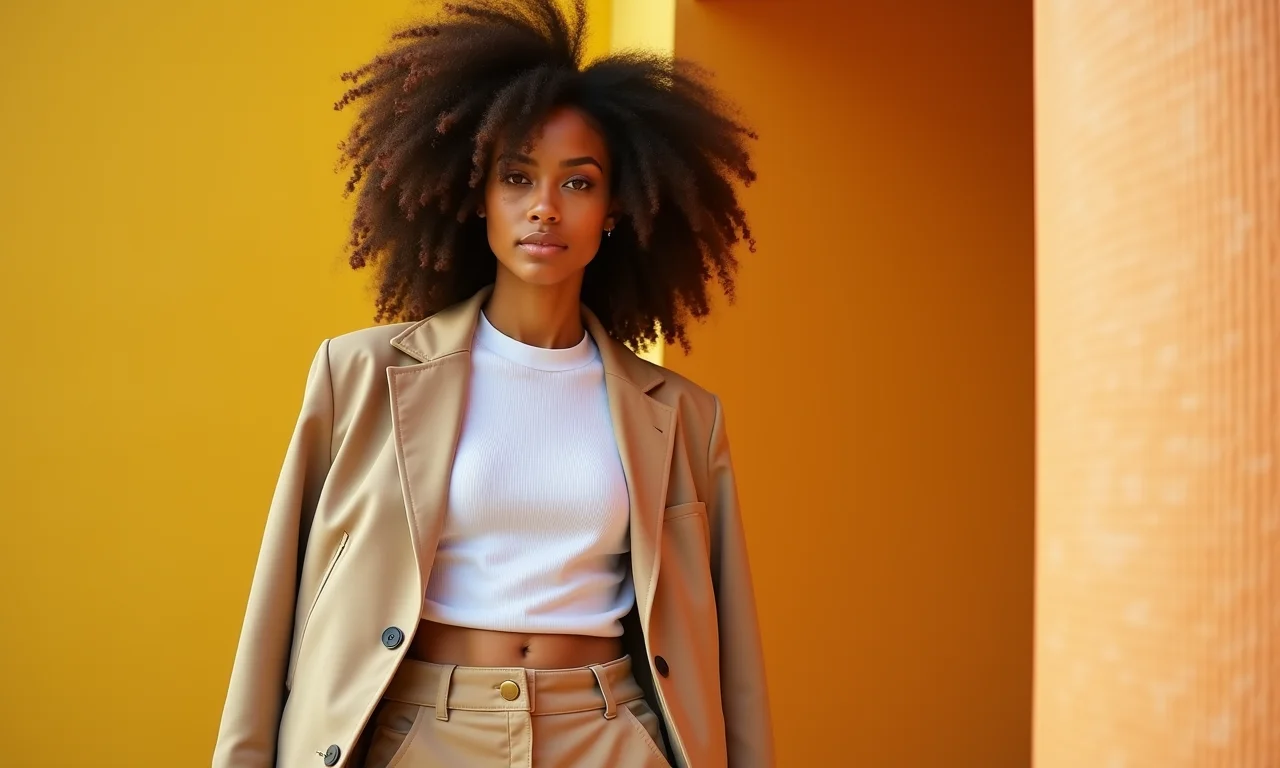 Roupa com cores análogas e jaqueta bege (cor neutra), para um toque de sofisticação.