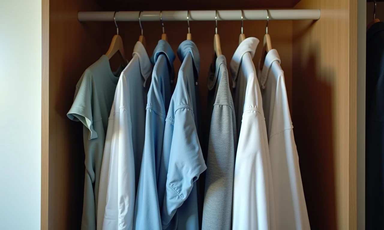 Roupas amassadas penduradas no guarda-roupa.