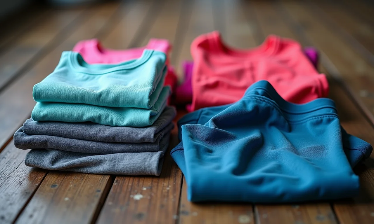 Roupas de academia novas e usadas lado a lado.