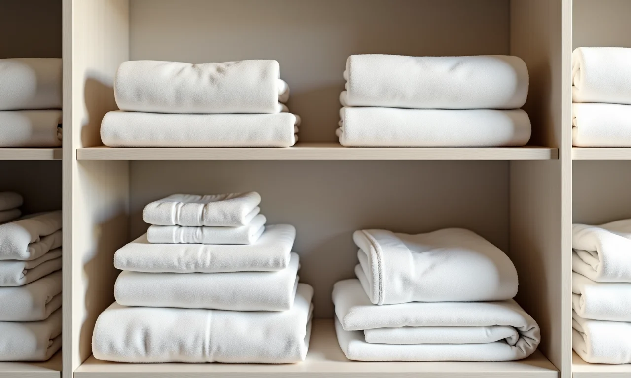 Roupas de cama e toalhas organizadas no guarda-roupa.