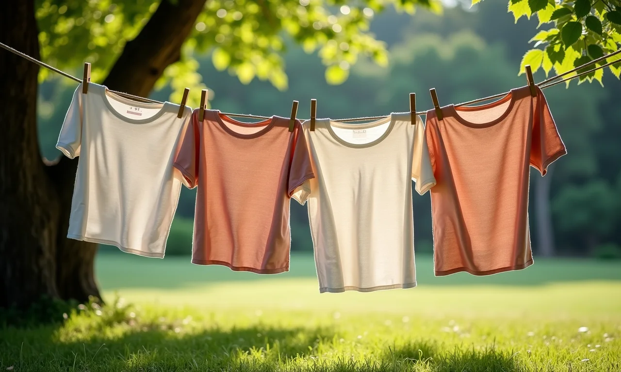 Roupas de linho secando à sombra em um varal.