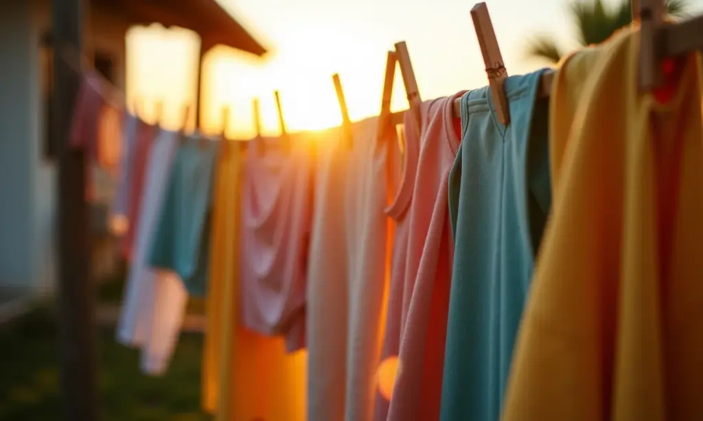 Roupa com Cheiro de Mofo? Dicas Rápidas e Eficazes para Eliminar o Odor de Peças Guardadas Roupas penduradas no varal com luz solar, transmitindo frescor e limpeza.