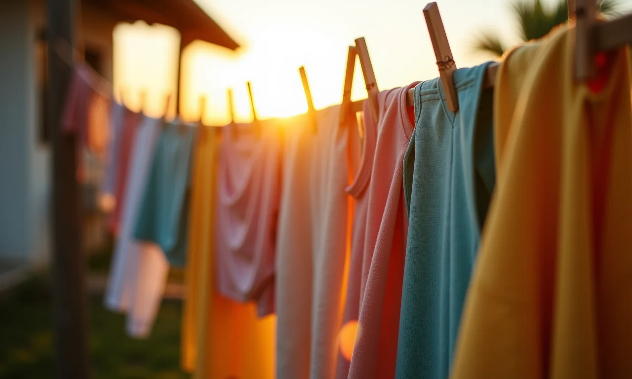 Roupas penduradas no varal com luz solar, transmitindo frescor e limpeza.