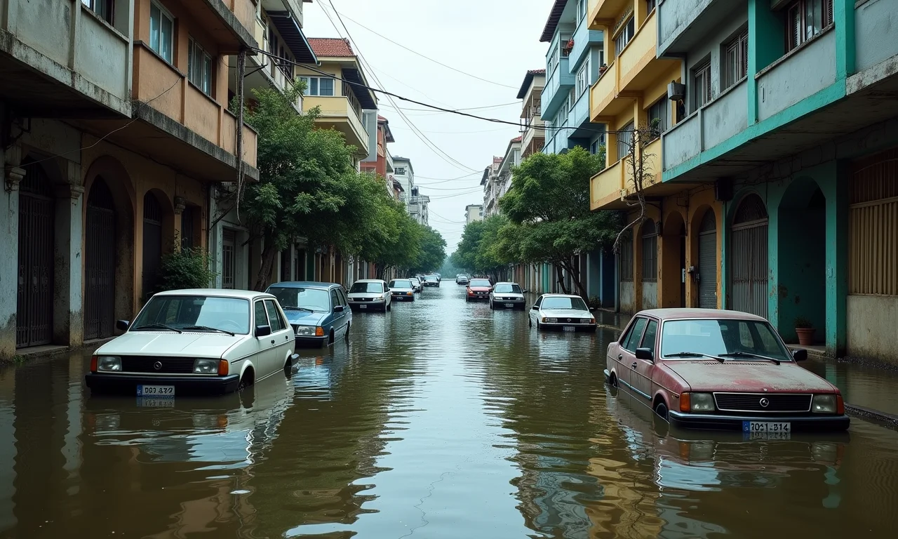 Rua de cidade inundada, com carros abandonados e edifícios danificados.
