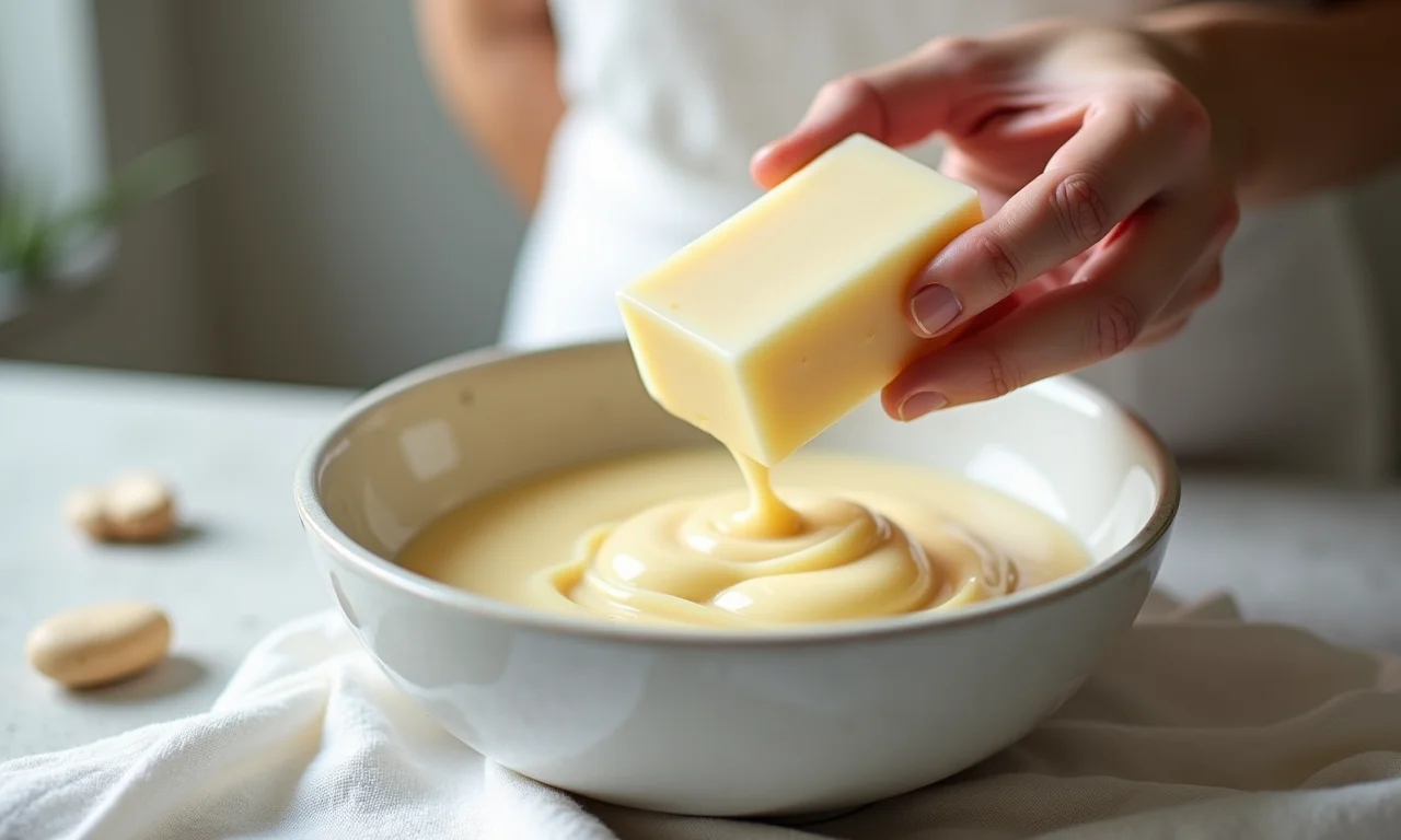 Sabão neutro sendo adicionado a uma bacia com roupas de linho.