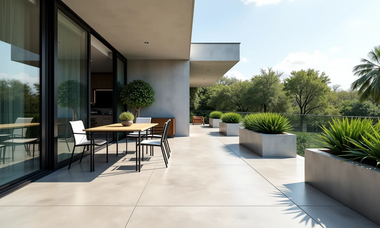 Sacada moderna com piso de cimento queimado, versátil e elegante.