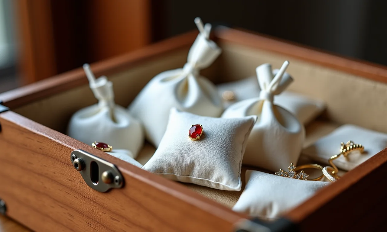 Sachês anti-umidade colocados entre as bijuterias em uma caixa de armazenamento.