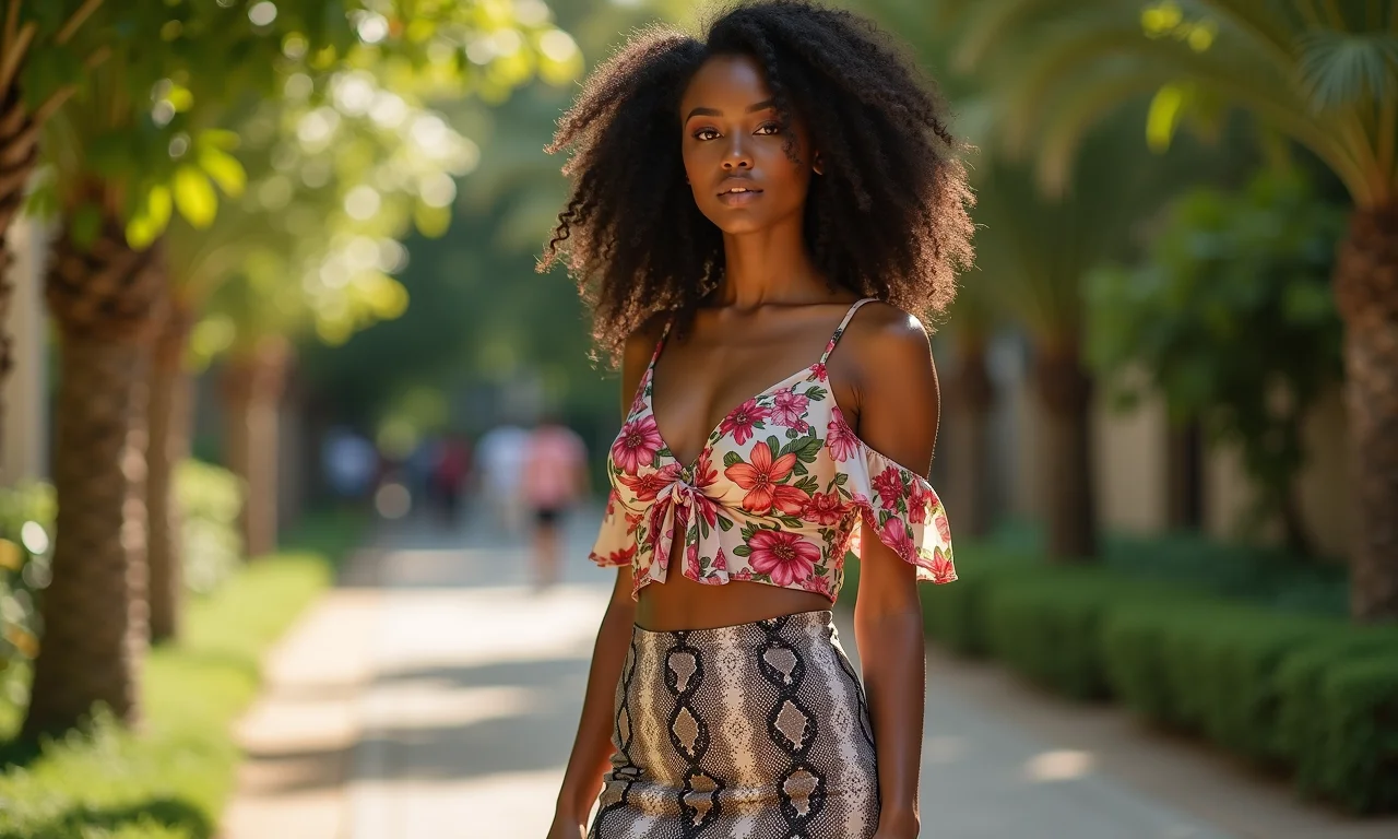 Saia com estampa de cobra combinada com blusa floral em um look ousado.