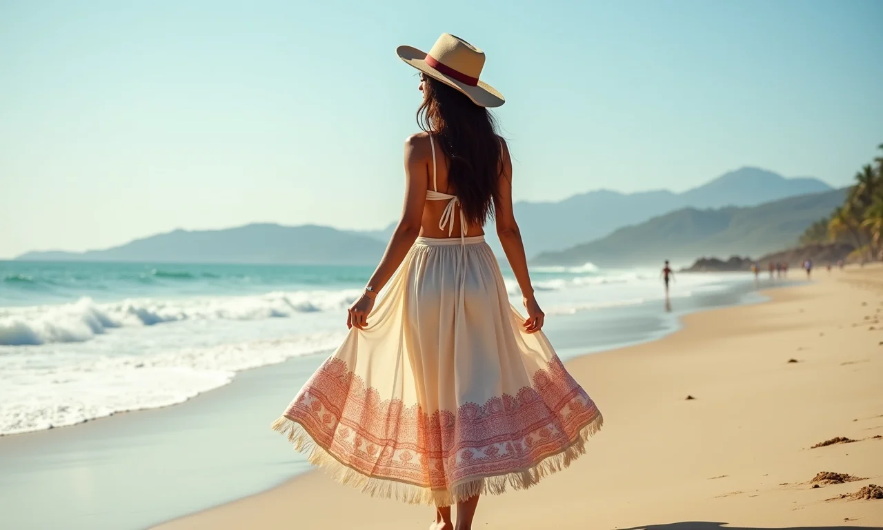 Saia longa fluida, estilo boho, modelo em praia brasileira.