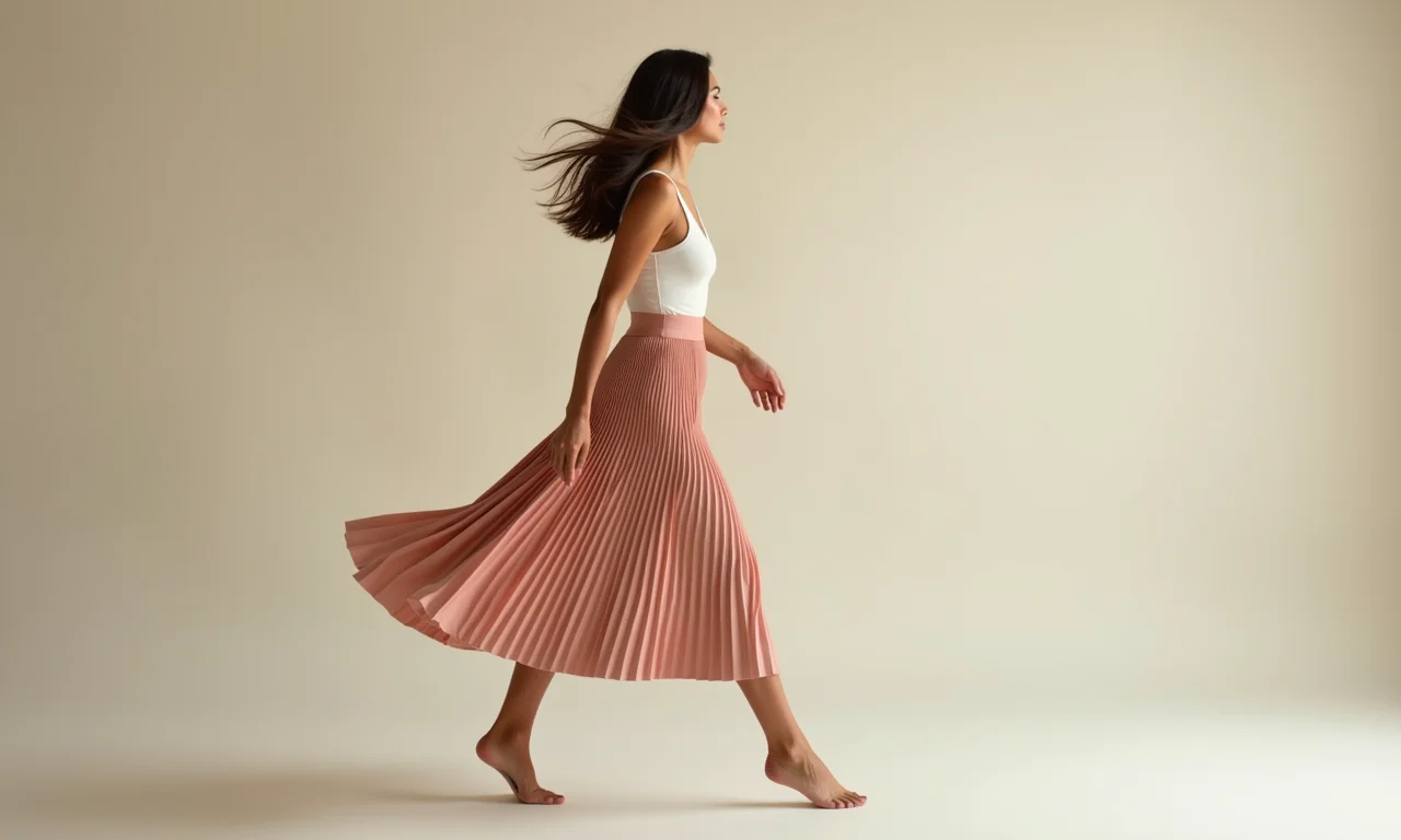 Saia midi plissada, modelo elegante em fundo neutro.