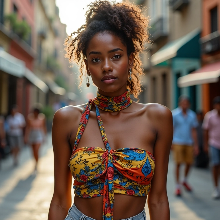 Saia pareô amarrada como blusa em look urbano.