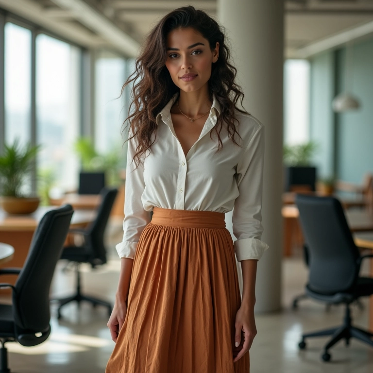 Saia pareô com peças de alfaiataria em ambiente de trabalho.