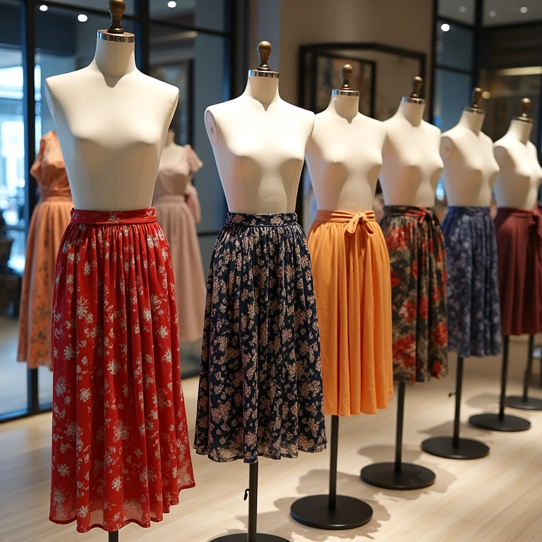 Saias midi estampadas da Renner em exposição.