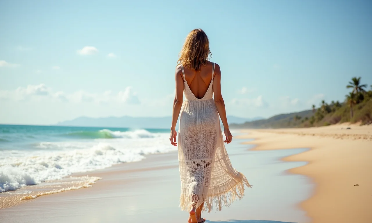 Saída de praia longa feita com pareô em estilo boho.