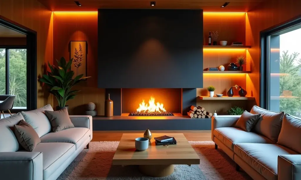 Sala aconchegante com lareira acesa e decoração brasileira.