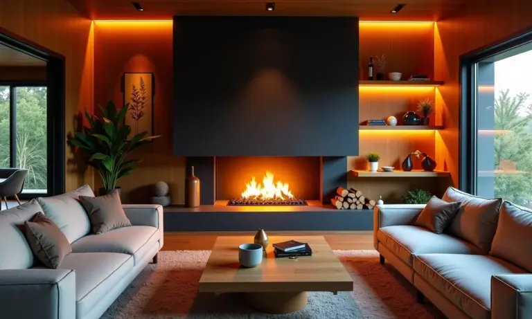 Sala aconchegante com lareira acesa e decoração brasileira.