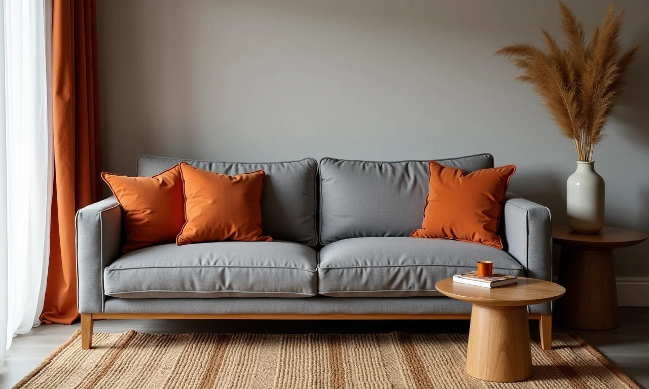 Sala aconchegante com sofá cinza, almofadas em tons terrosos e móveis de madeira.