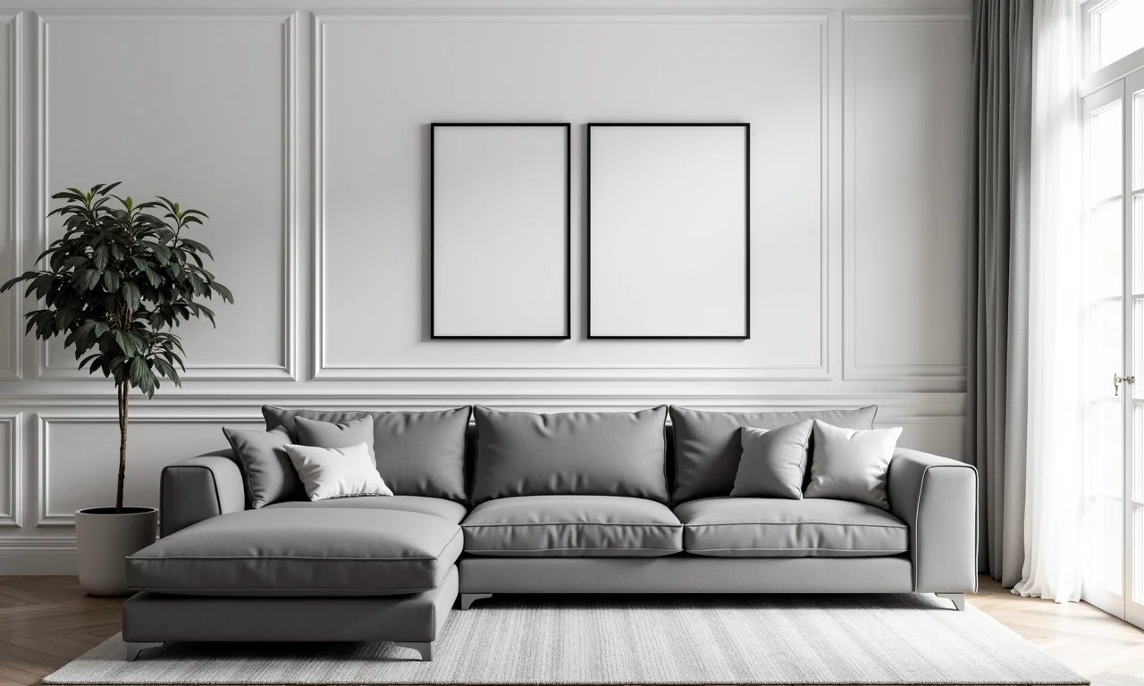 Sala clássica com sofá cinza, paredes brancas e decoração minimalista em preto e branco.