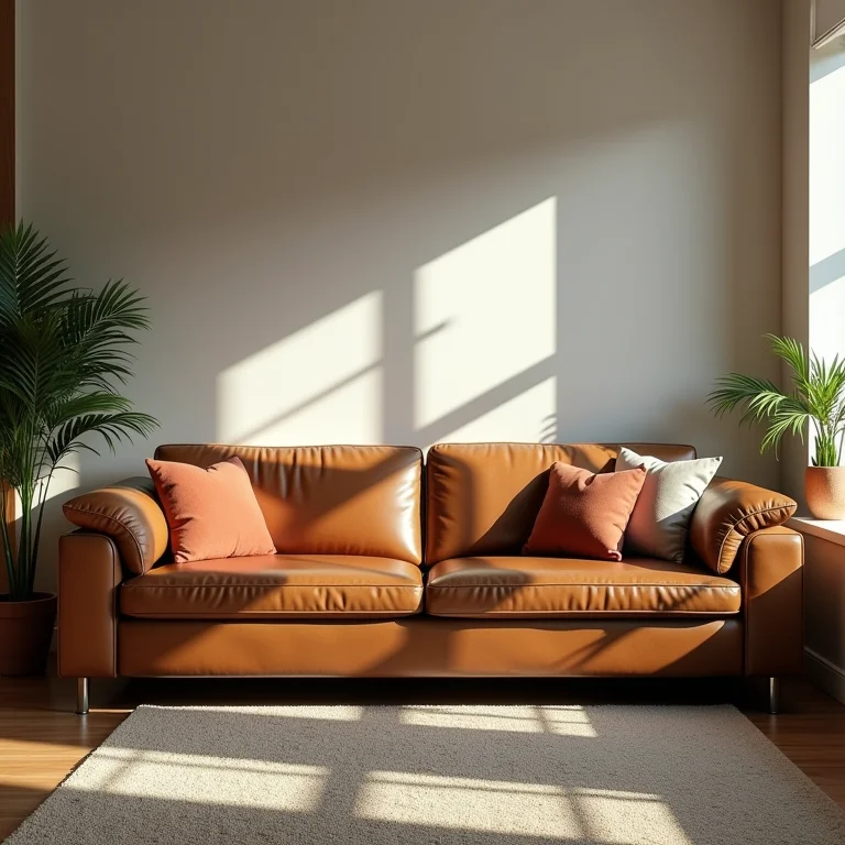 Sala com móveis mal dispostos e sofá de couro marrom