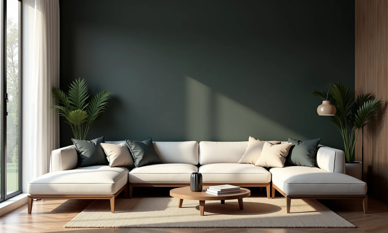 Sala com paredes escuras e iluminação equilibrada, sem perder a leveza.