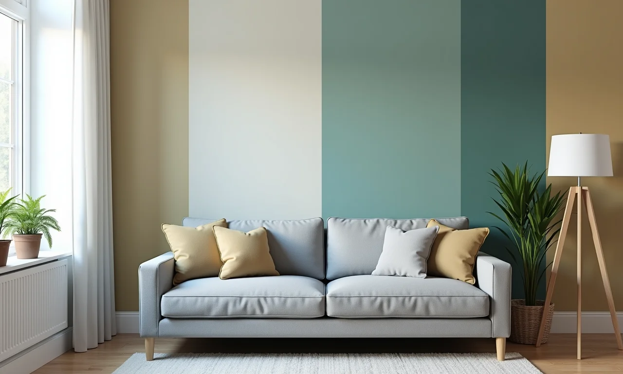 Sala com sofá cinza e diferentes cores de parede, mostrando combinações.