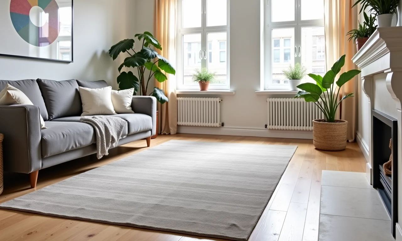 Sala com sofá cinza e um tapete grande que delimita o espaço e aquece o ambiente.